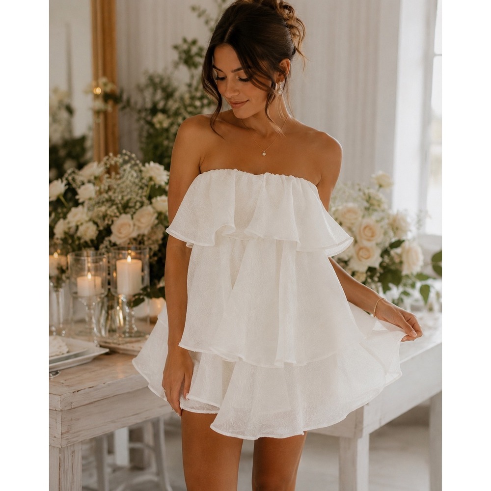 Dee Elly White Tiered Ruffle Strapless Organza Mini Dress Size Small Bridal